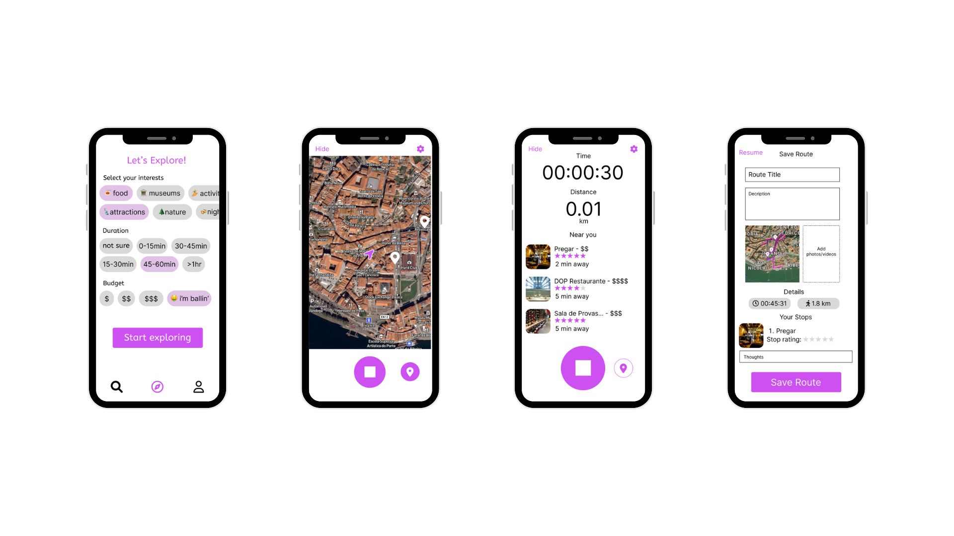 Wanderlink personalized route creation interface showing filters for interests, duration, and budget