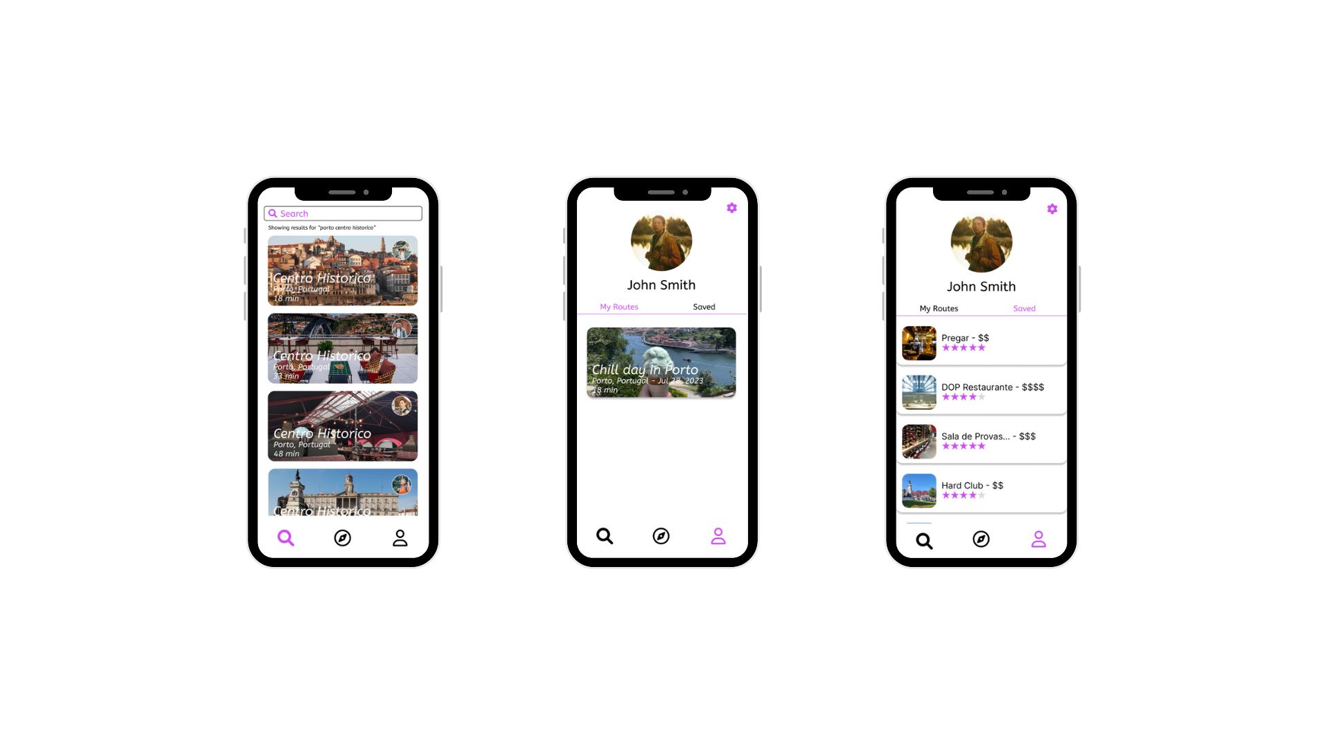 Wanderlink profile showing saved places, recommendation cards, and exploration history